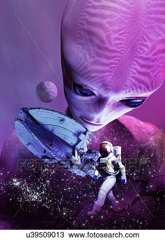 Alien and astronaut, artwork View Large Illustration Drawing - Alien and astronaut, artwork. Fotosearch