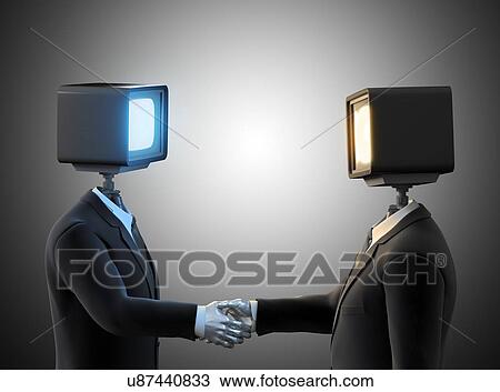 Drawing - Androids shaking hands, artwork. Fotosearch