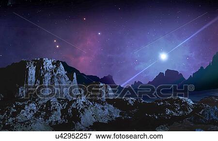 Artwork of a planet orbiting a pulsar View Large Illustration Stock Illustration - Artwork of a planet orbiting a pulsar. Fotosearch