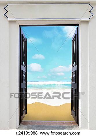Stock Illustration - Open door and seascape. Fotosearch