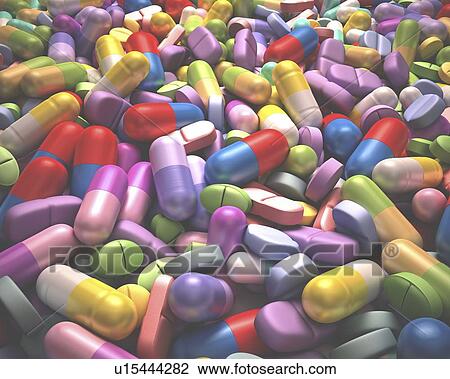 Pills and tablets, artwork View Large Illustration Drawing - Pills and tablets, artwork. Fotosearch