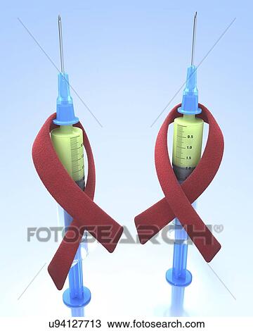 Drawing - Red ribbons and syringes, artwork. Fotosearch