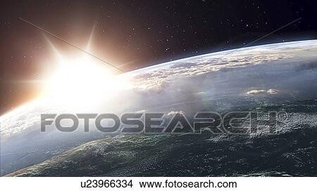 Sun over Earth, artwork View Large Illustration Stock Illustration - Sun over Earth, artwork. Fotosearch