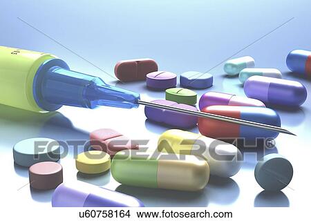 Stock Illustration - Syringe and pills, artwork. Fotosearch