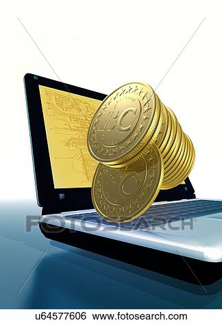 Stock Illustration - Bitcoins and a laptop, artwork. Fotosearch