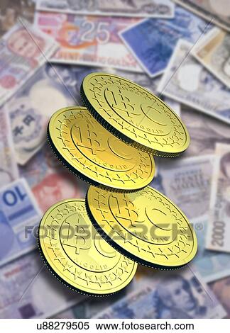 Bitcoins and banknotes, artwork View Large Illustration Stock Illustration - Bitcoins and banknotes, artwork. Fotosearch