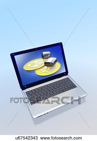 Bitcoins and dice on a laptop, artwork View Large Illustration Drawing - Bitcoins and dice on a laptop, artwork. Fotosearch