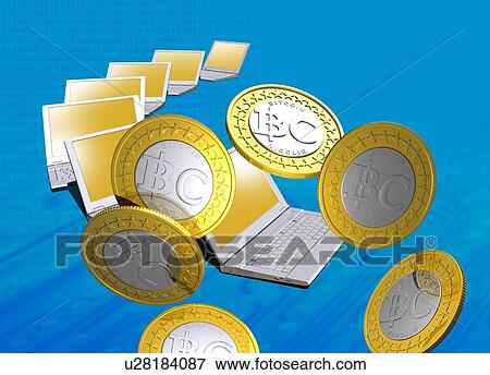 Bitcoins and laptops, artwork View Large Illustration Stock Illustration - Bitcoins and laptops, artwork. Fotosearch