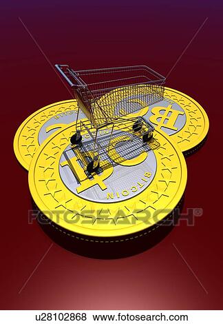 Stock Illustration - Bitcoins and shopping trolley, artwork. Fotosearch
