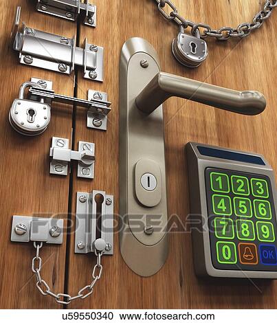 Door with various locks, artwork View Large Illustration Clipart - Door with various locks, artwork. Fotosearch