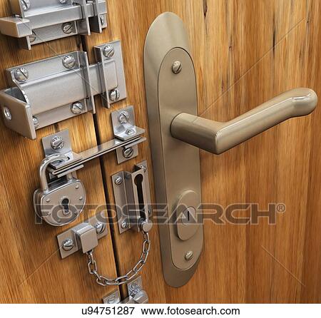 Door with various locks, artwork View Large Illustration Stock Illustration - Door with various locks, artwork. Fotosearch