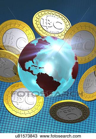 Globe and bitcoins, artwork View Large Illustration Drawing - Globe and bitcoins, artwork. Fotosearch