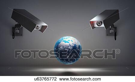 Drawing - Globe with security cameras, artwork. Fotosearch