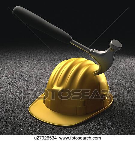 Stock Illustration - Hammer hitting a hard hat, artwork. Fotosearch