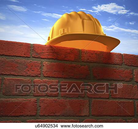 Stock Illustration - Hard hat on a brick wall, artwork. Fotosearch