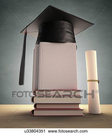 Clip Art - Mortar board on a stack of books, artwork. Fotosearch