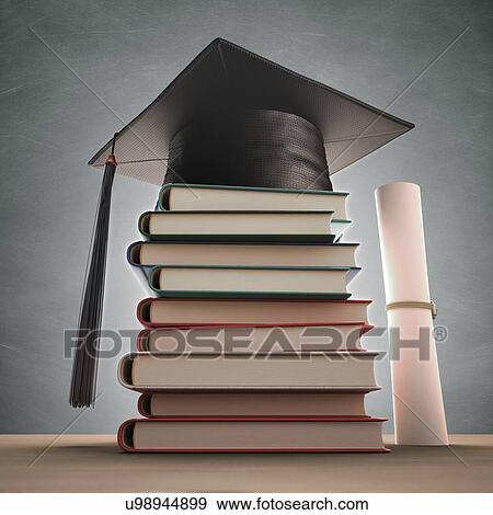 Stock Illustration - Mortar board on a stack of books, artwork. Fotosearch
