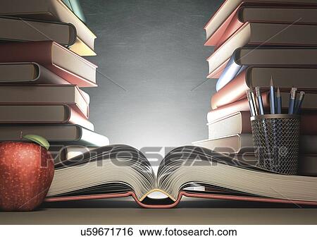Stock Illustration - Open book, apple and pencils, artwork. Fotosearch