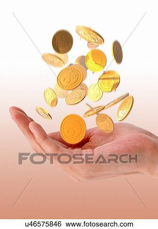 Stock Illustration - Person catching bitcoins, artwork. Fotosearch