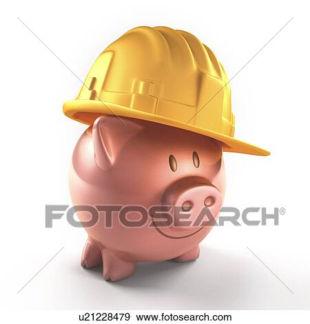 Stock Illustration - Piggy bank and hard hat, artwork.. Fotosearch