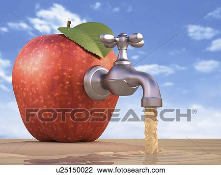Drawing - Red apple with a tap, artwork. Fotosearch
