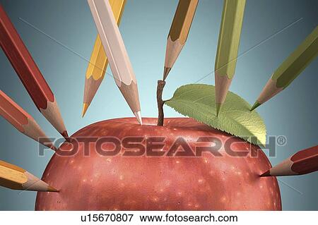 Red apple with pencils, artwork View Large Illustration Stock Illustration - Red apple with pencils, artwork. Fotosearch