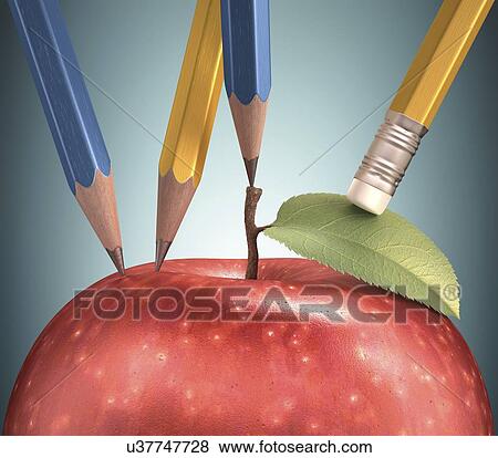 Stock Illustration - Red apple with pencils, artwork. Fotosearch