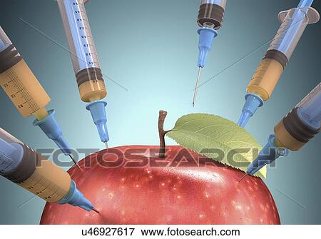 Stock Illustration - Red apple with syringes, artwork. Fotosearch