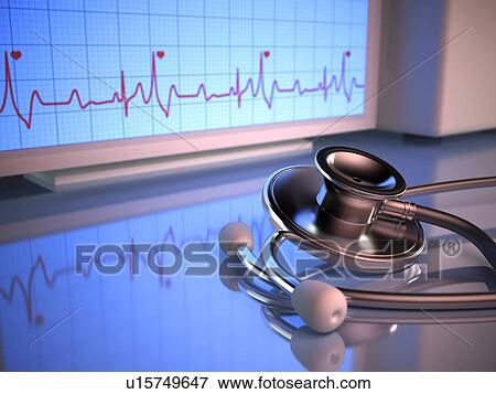 Stock Illustration - Stethoscope and cardiograph, artwork. Fotosearch