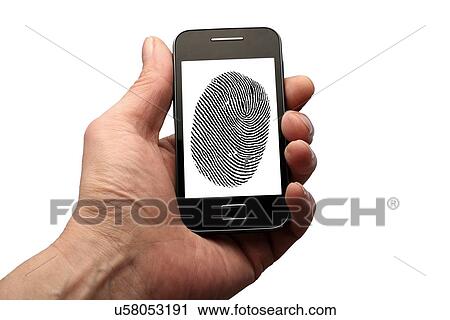 Clip Art - Person holding phone with finger print. Fotosearch