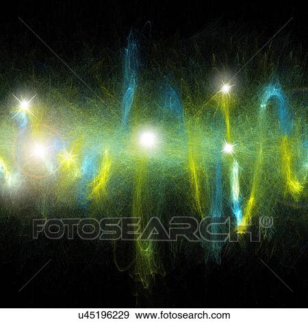 Stock Illustration - Green abstract patterns against black background, computer artwork.. Fotosearch