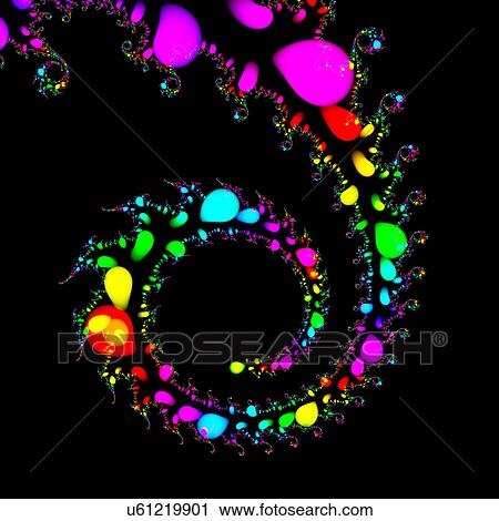 Clip Art - Multicoloured abstract patterns against black background, computer artwork.. Fotosearch