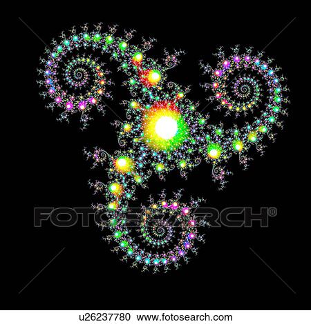 Clipart - Multicoloured abstract patterns against black background, computer artwork.. Fotosearch