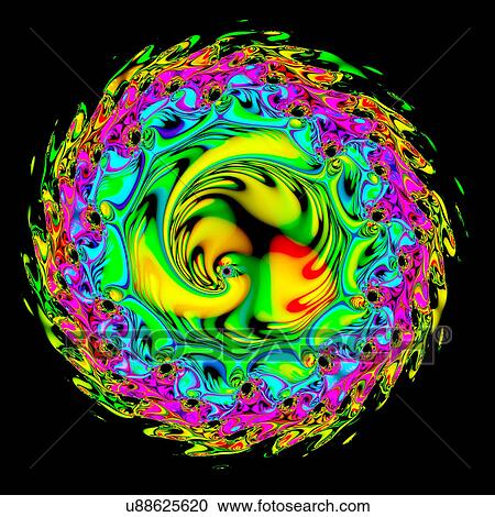 Clipart - Multicoloured abstract patterns against black background, computer artwork.. Fotosearch