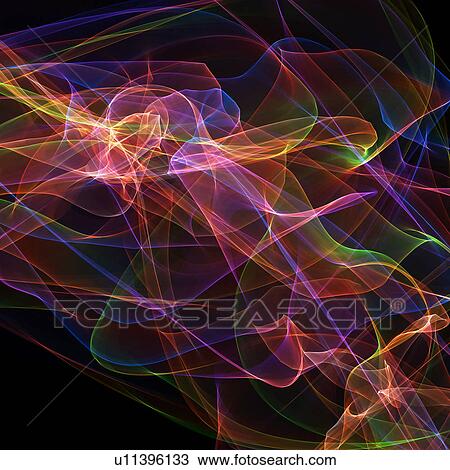 Drawing - Multicoloured abstract patterns against black background, computer artwork.. Fotosearch
