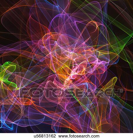 Multicoloured abstract patterns against black background, computer artwork. View Large Illustration Drawing - Multicoloured abstract patterns against black background, computer artwork.. Fotosearch