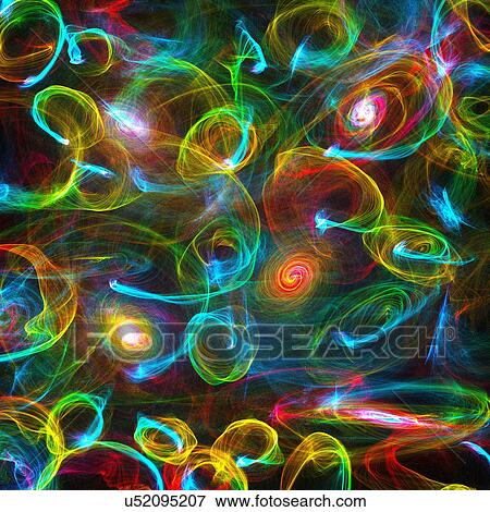 Stock Illustration - Multicoloured abstract patterns against black background, computer artwork.. Fotosearch