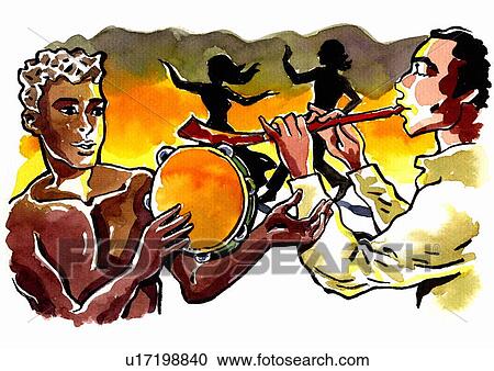 Clipart - A couple musicians playing with people dancing in the background. Fotosearch