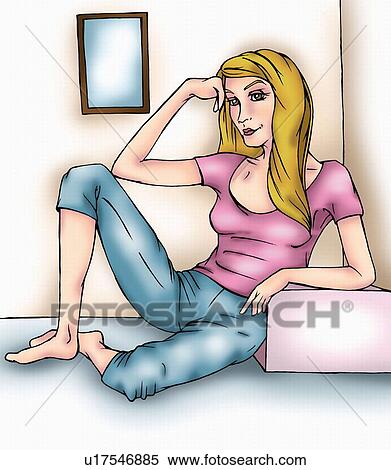Stock Illustration - Blonde woman sitting on floor leaning her head on her hand. Fotosearch