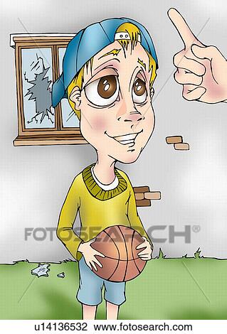 Drawing - Boy being scolded for breaking a window with his ball. Fotosearch