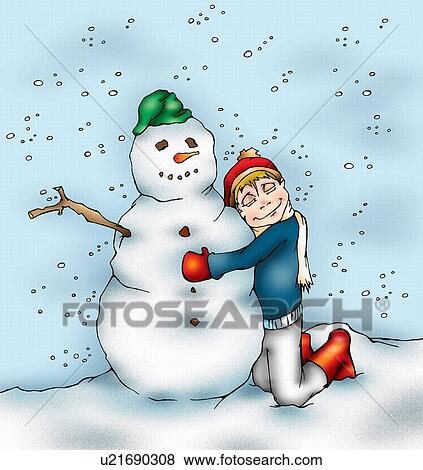 Stock Illustration - Boy embracing snowman. Fotosearch