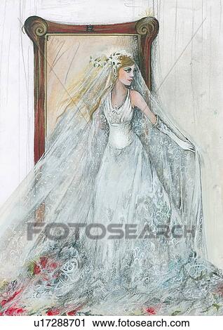 Clip Art - Bride in her wedding dress in front of mirror. Fotosearch