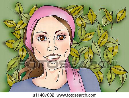 Drawing - Closeup of woman with green spring leaves in the background. Fotosearch