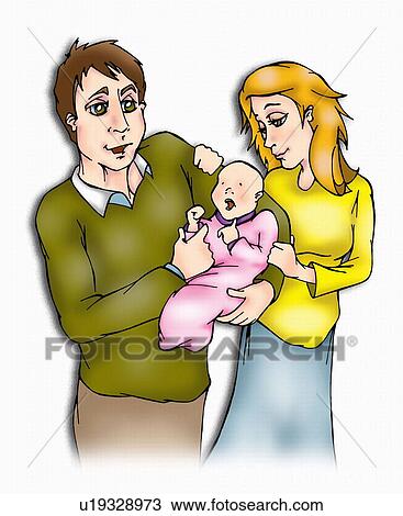 Drawing - Couple holding newborn baby. Fotosearch