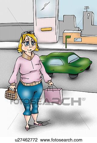 Dumpy woman with purse and shopping bag View Large Illustration Drawing - Dumpy woman with purse and shopping bag. Fotosearch