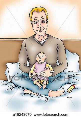 Father sitting on bed with baby View Large Illustration Clipart - Father sitting on bed with baby. Fotosearch