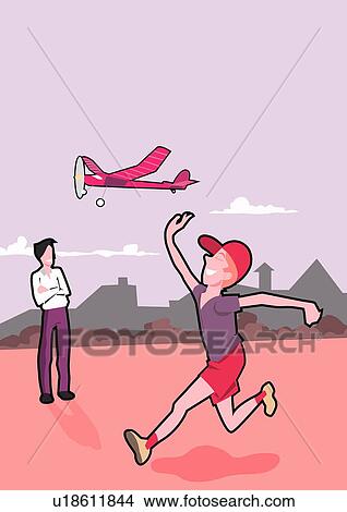 Stock Illustration - Father watching son play with airplane. Fotosearch