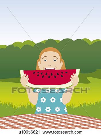 Clip Art - Girl biting into a slice of watermelon. Fotosearch