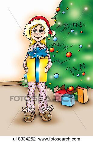 Drawing - Girl by Christmas tree with present. Fotosearch