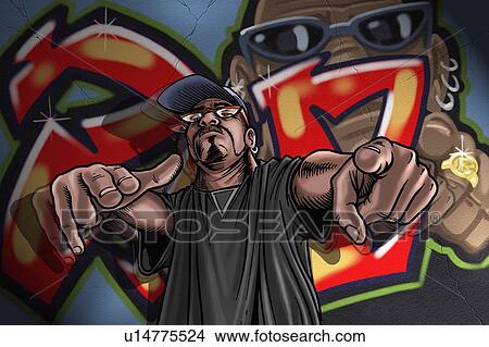 Stock Illustration - Homeboy with baseball cap posing in front of graffiti. Fotosearch